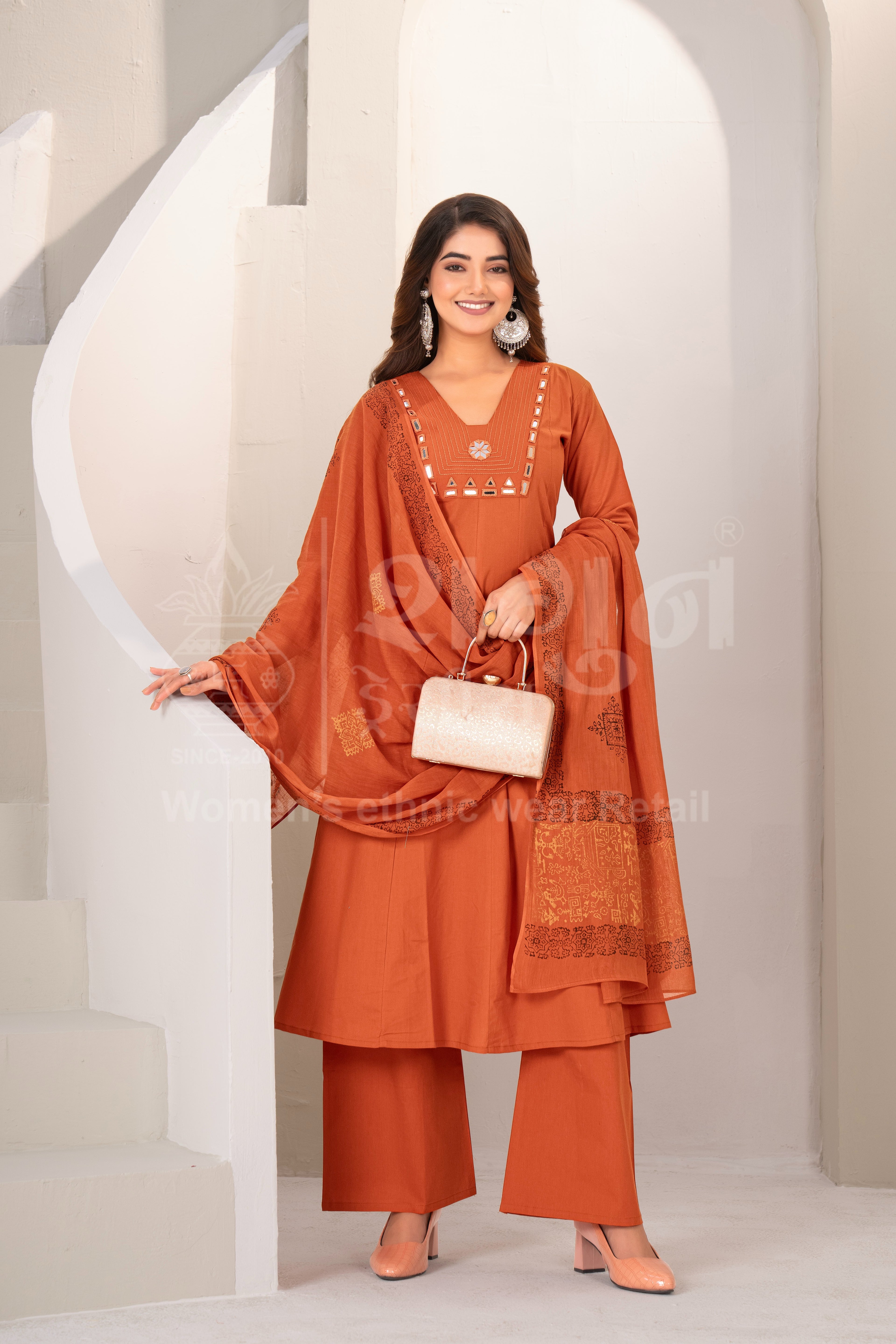 Cotton Round Kurti with Block Print Dupatta & Hand Work Detailing
