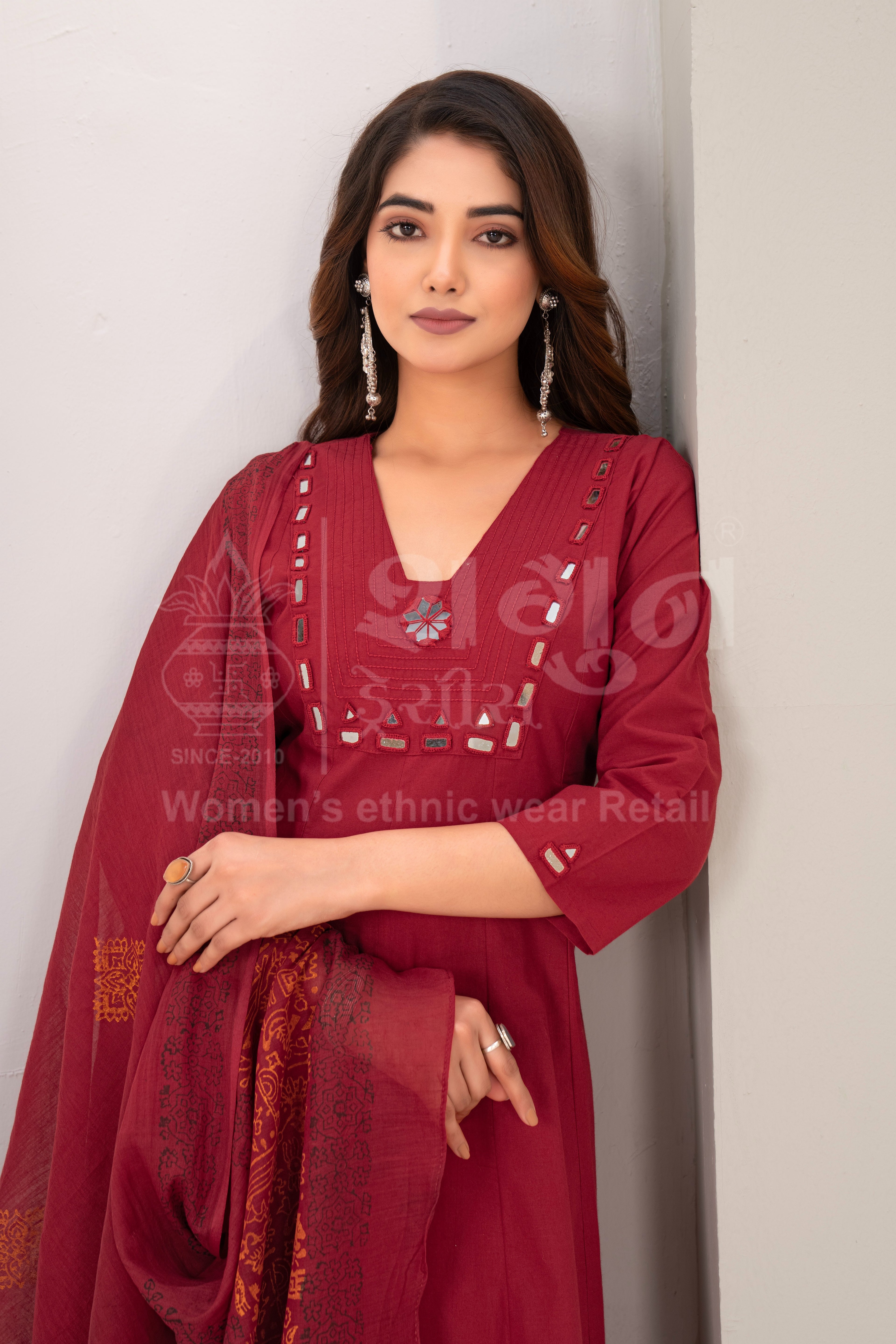 Cotton Round Kurti with Block Print Dupatta & Hand Work Detailing