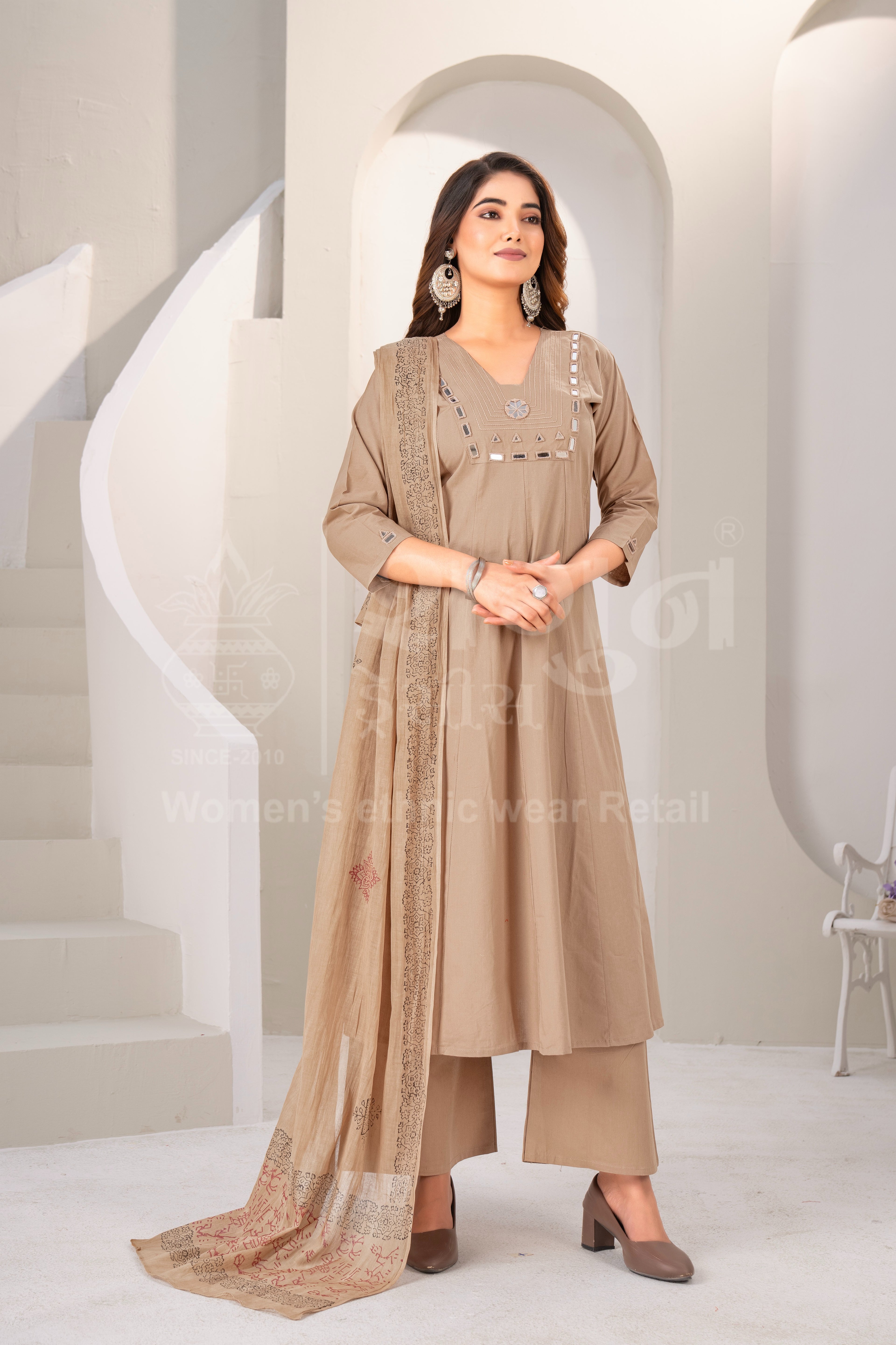 Cotton Round Kurti with Block Print Dupatta & Hand Work Detailing