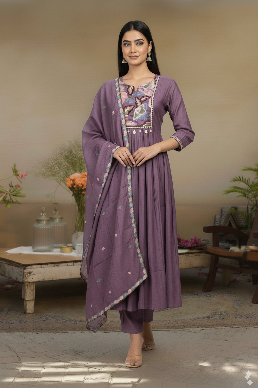 Graceful Mal Chanderi Embroidered Kurti Set with Dupatta