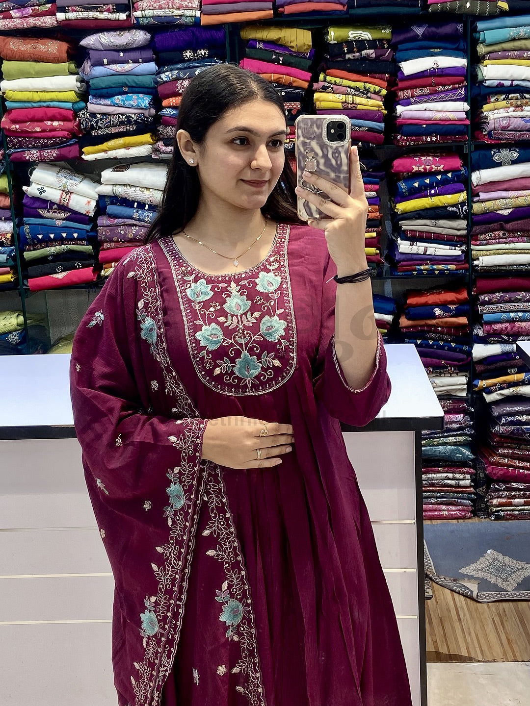 Wine Bloom Embroidered Kurti Set