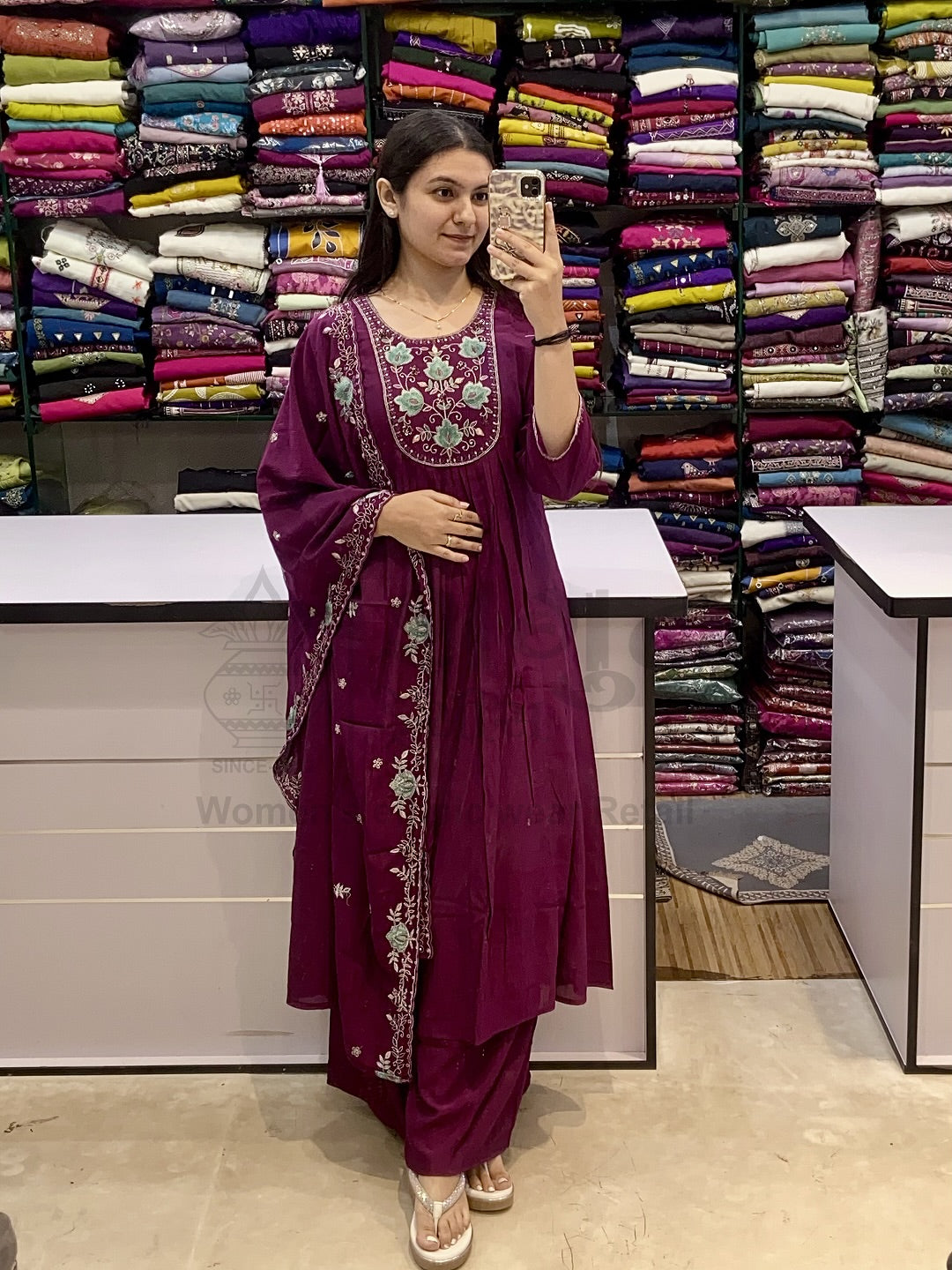 Wine Bloom Embroidered Kurti Set