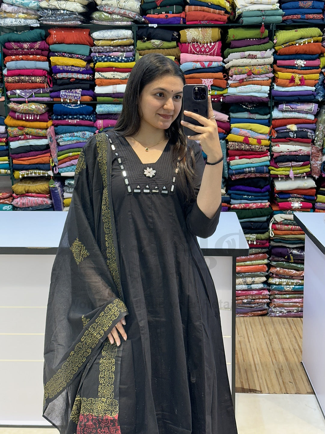 Cotton Round Kurti with Block Print Dupatta & Hand Work Detailing