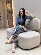 Indigo Blue Striped Heritage Motif Co-Ord Set – 2 Piece Shagun Dresses