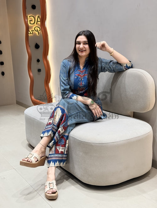 Indigo Blue Striped Heritage Motif Co-Ord Set – 2 Piece Shagun Dresses