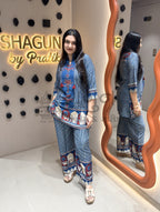 Indigo Blue Striped Heritage Motif Co-Ord Set – 2 Piece Shagun Dresses