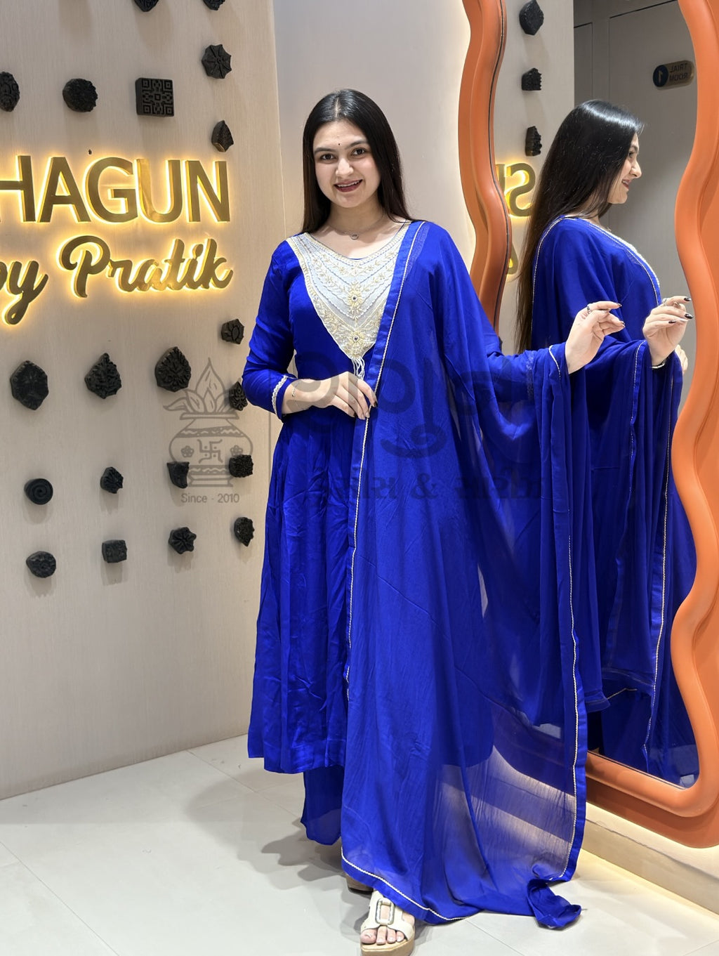 Royal Blue Embroidered Silk Anarkali Suit Set with Dupatta – 3 Piece Shagun Dresses