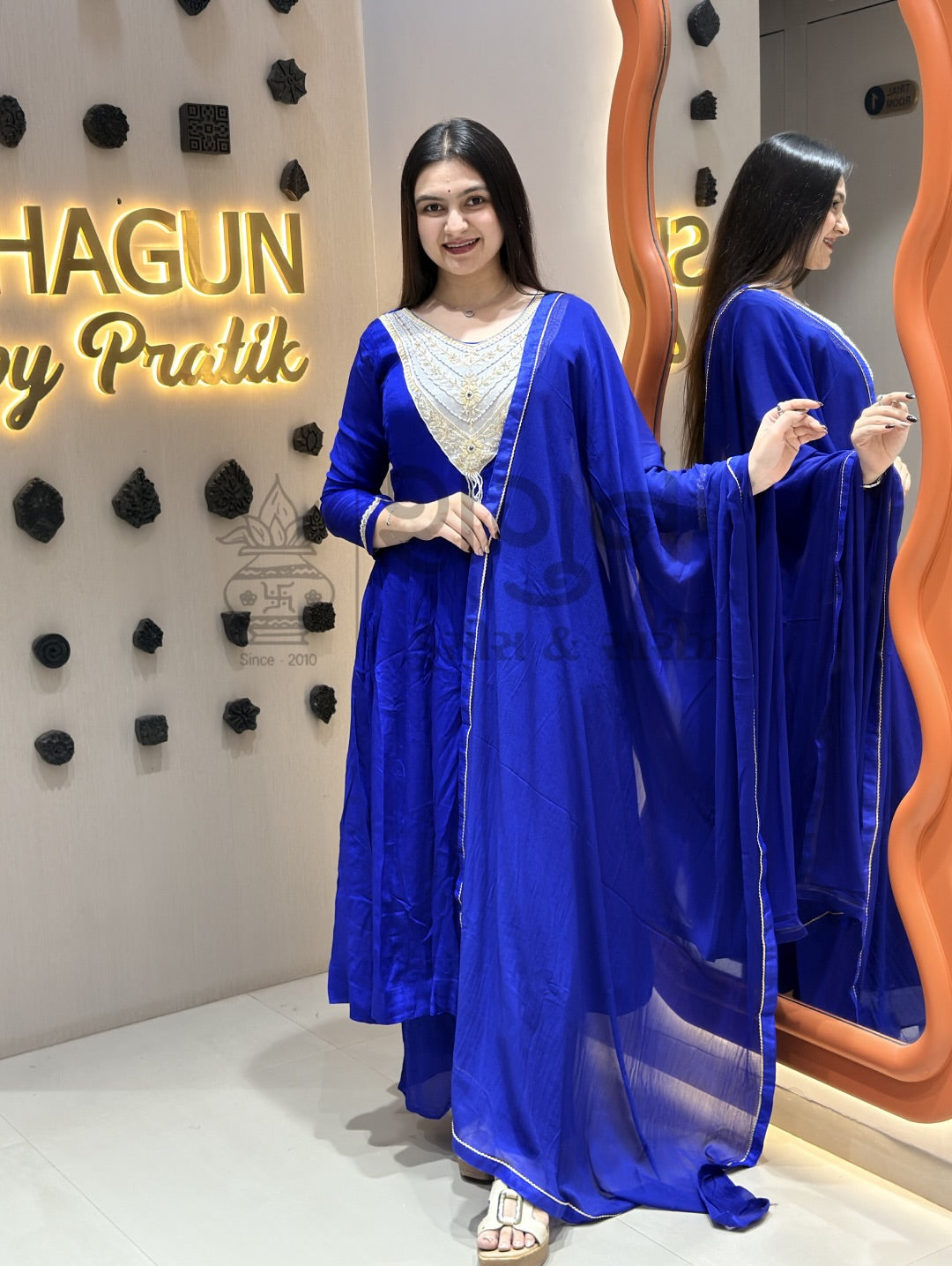 Royal Blue Embroidered Silk Anarkali Suit Set with Dupatta – 3 Piece Shagun Dresses