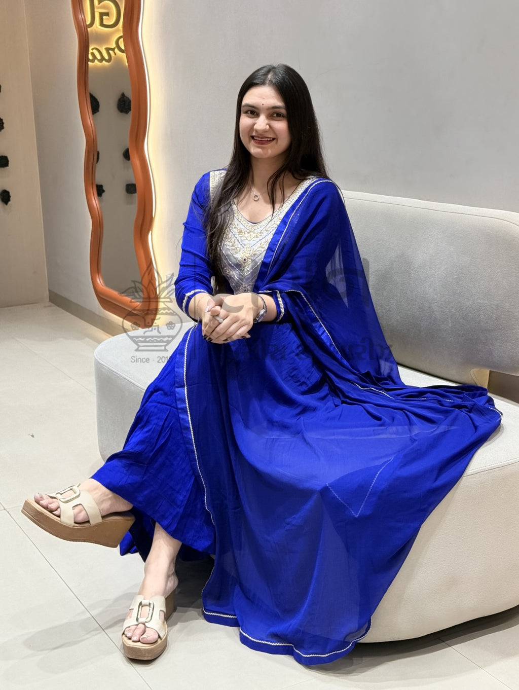 Royal Blue Embroidered Silk Anarkali Suit Set with Dupatta – 3 Piece Shagun Dresses