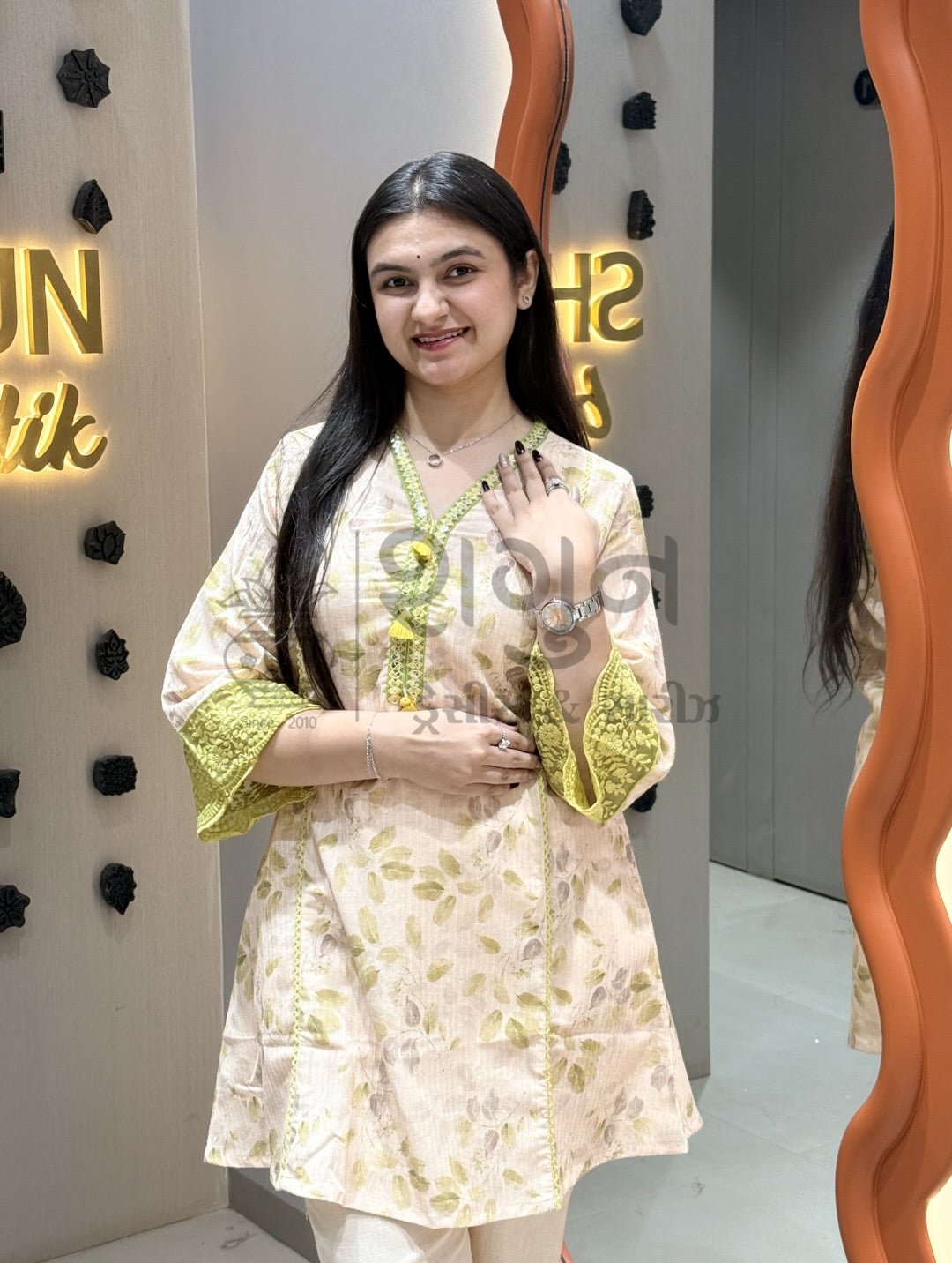 Beige & Olive Green Floral Short Tunic Co-Ord Set – 2 Piece Shagun Dresses