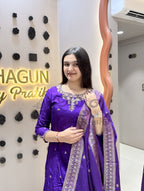 Royal Purple Silk Embroidered Suit Set with Banarasi Dupatta – 3 Piece Shagun Dresses
