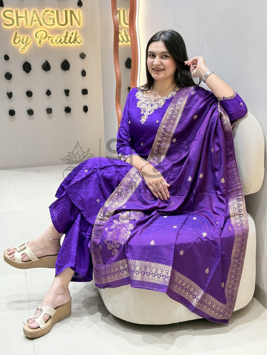 Royal Purple Silk Embroidered Suit Set with Banarasi Dupatta – 3 Piece Shagun Dresses
