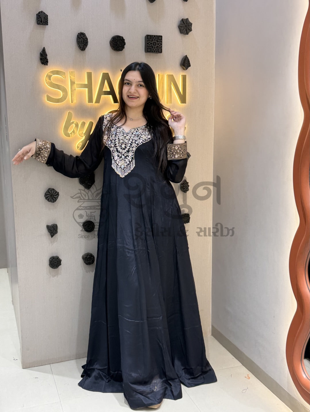 Midnight Black Embroidered Silk Flared Anarkali Gown / Suit Shagun Dresses