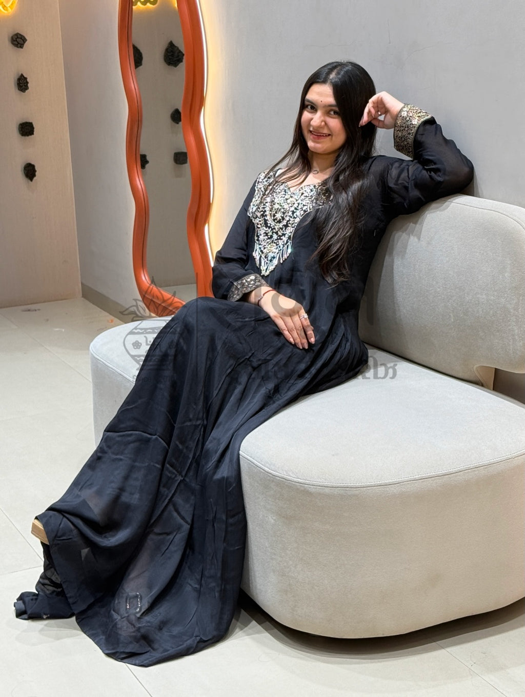 Midnight Black Embroidered Silk Flared Anarkali Gown / Suit Shagun Dresses