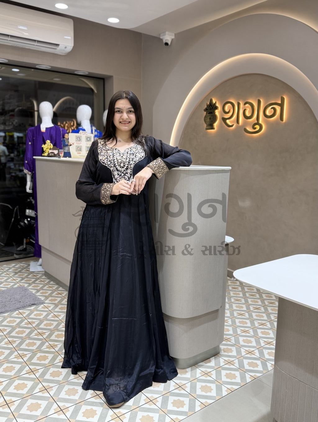 Midnight Black Embroidered Silk Flared Anarkali Gown / Suit Shagun Dresses