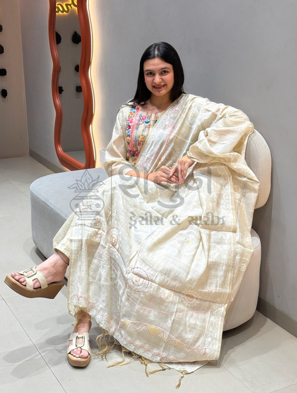 Ivory Hand-Embroidered Chanderi Silk Suit Set with Dupatta – 3 Piece Shagun Dresses