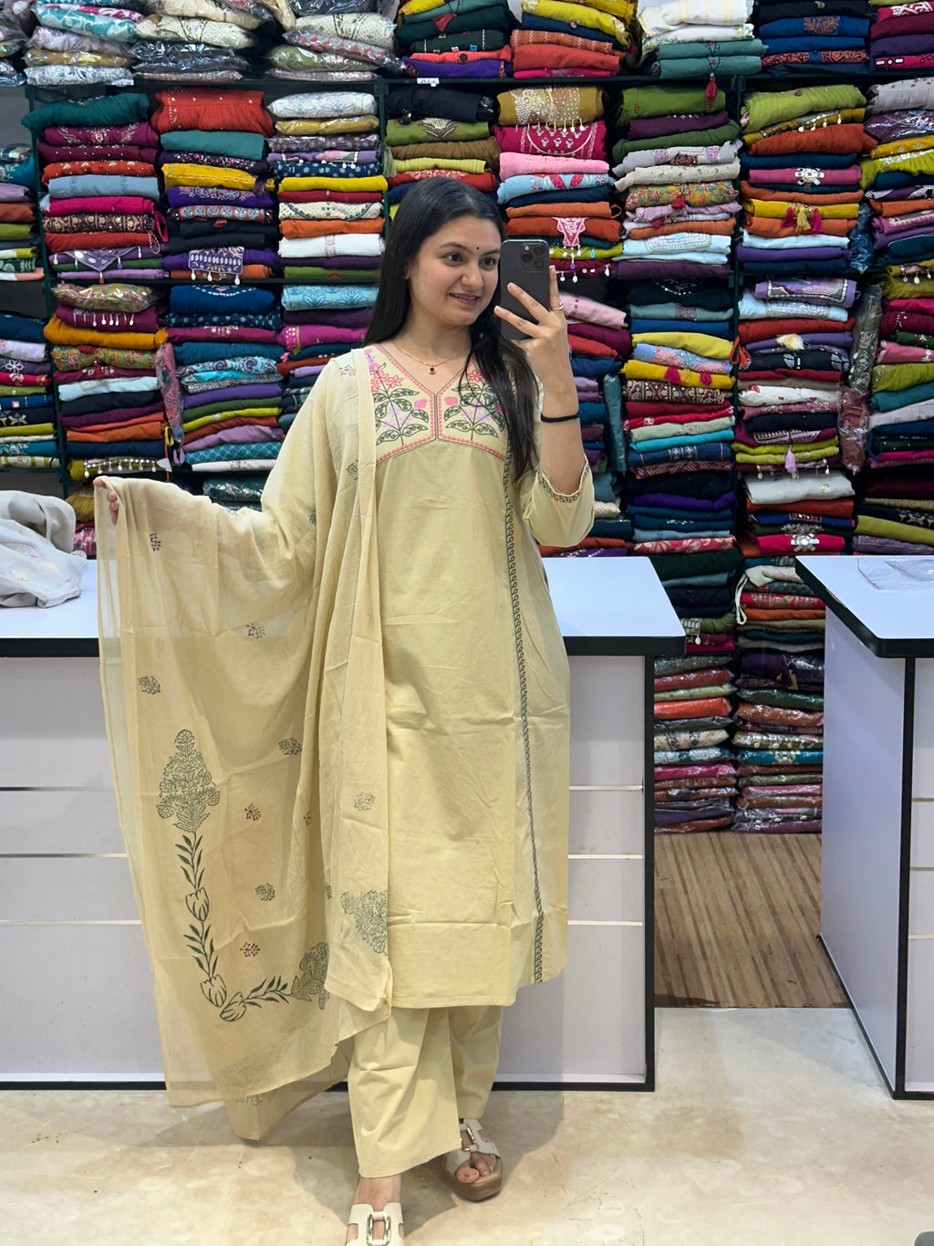 Floral Embroidered Cotton 3-Piece Kurti Set