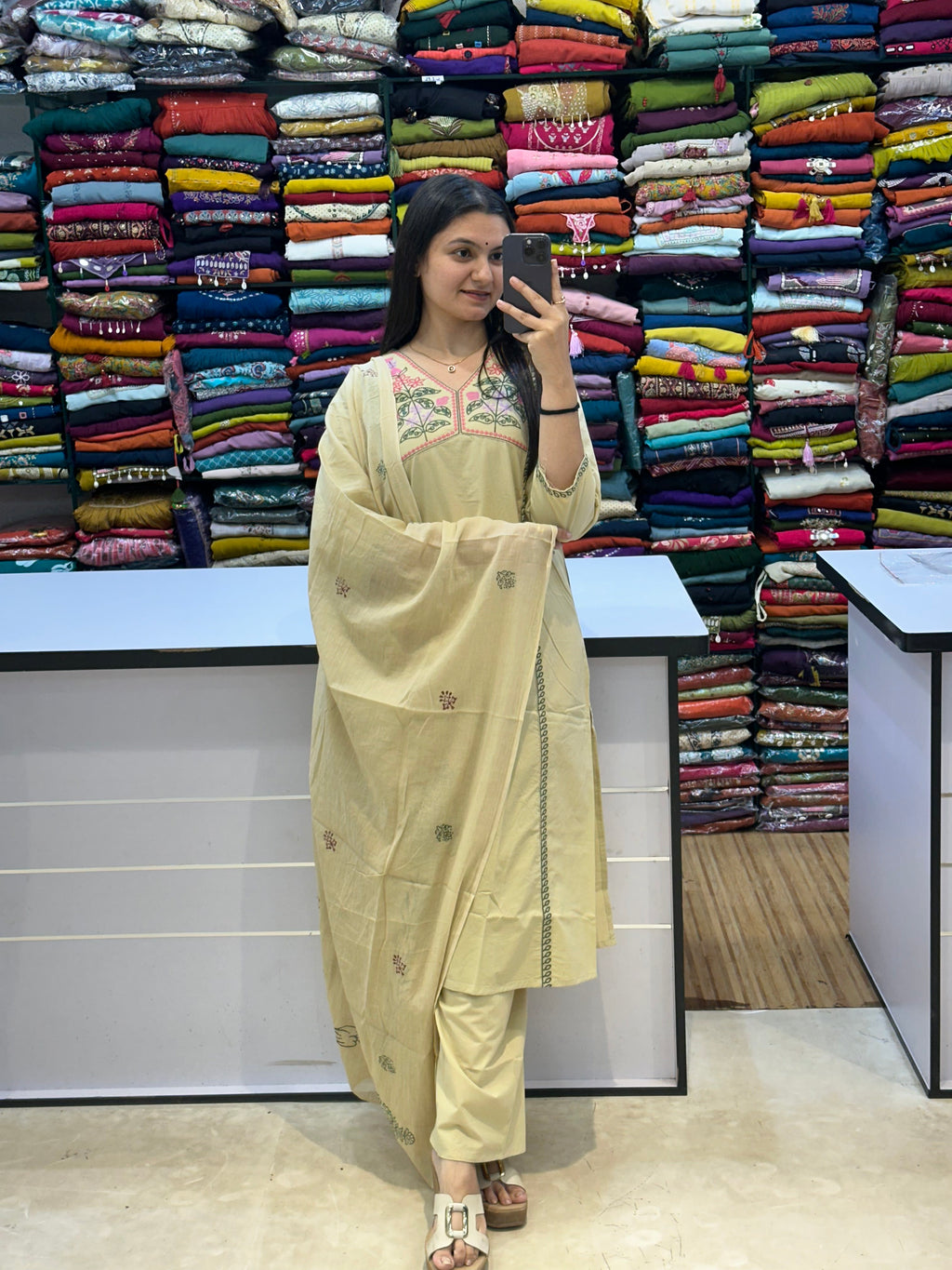 Floral Embroidered Cotton 3-Piece Kurti Set