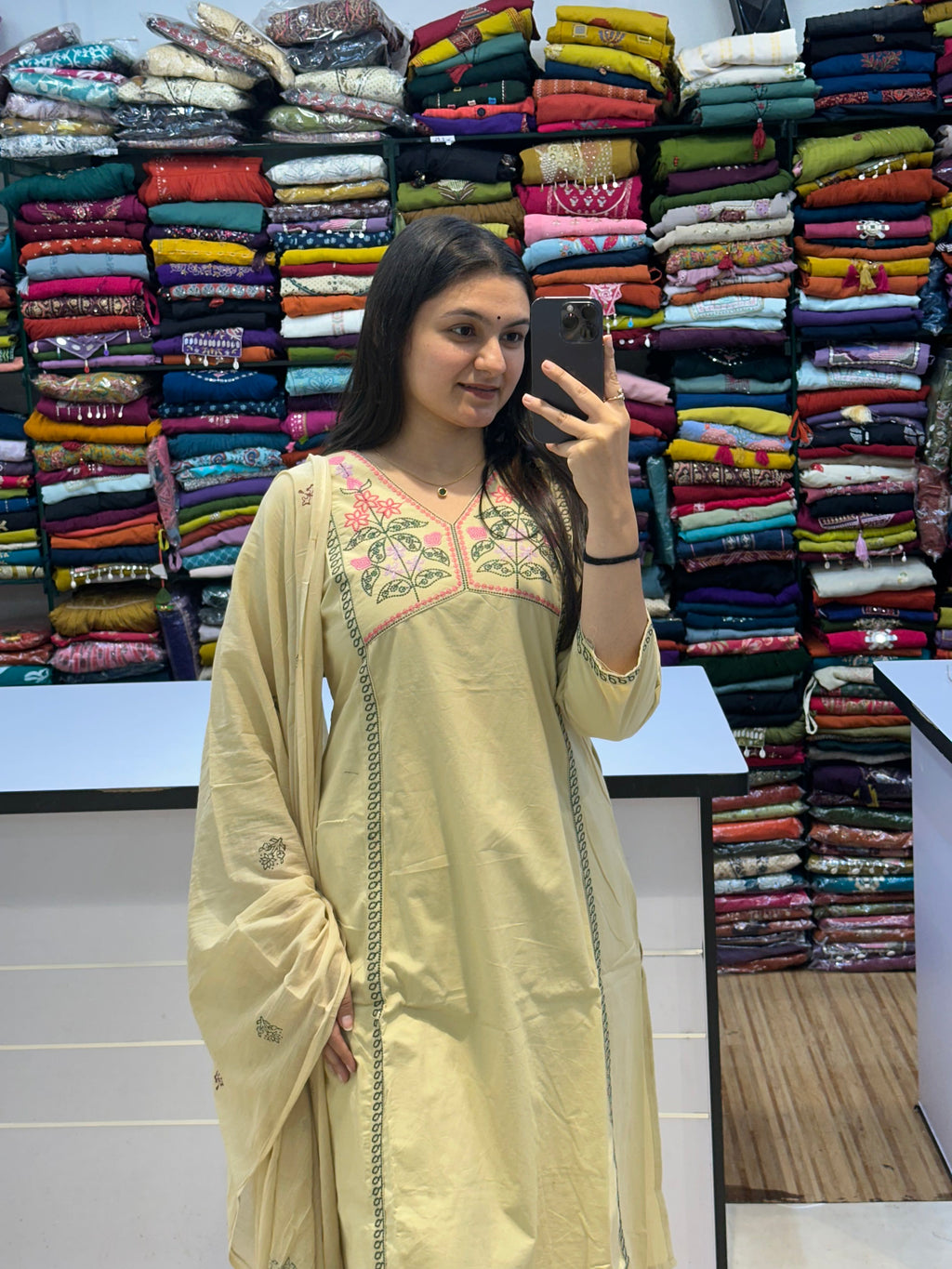 Floral Embroidered Cotton 3-Piece Kurti Set