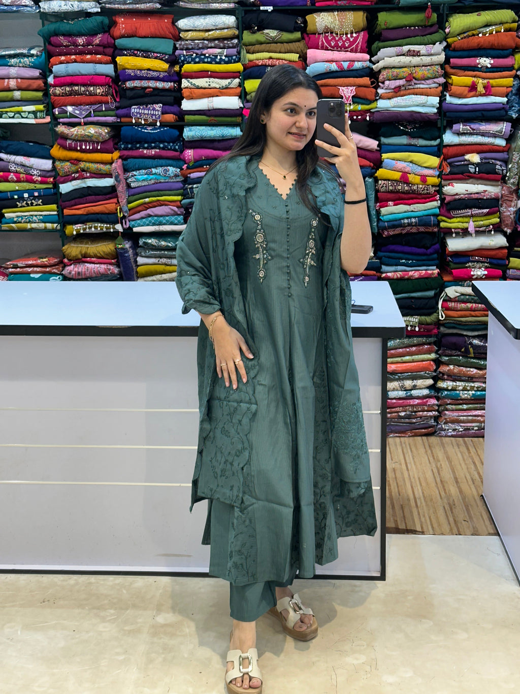 Elegant Sea Green Embroidered Cotton Kurti Set