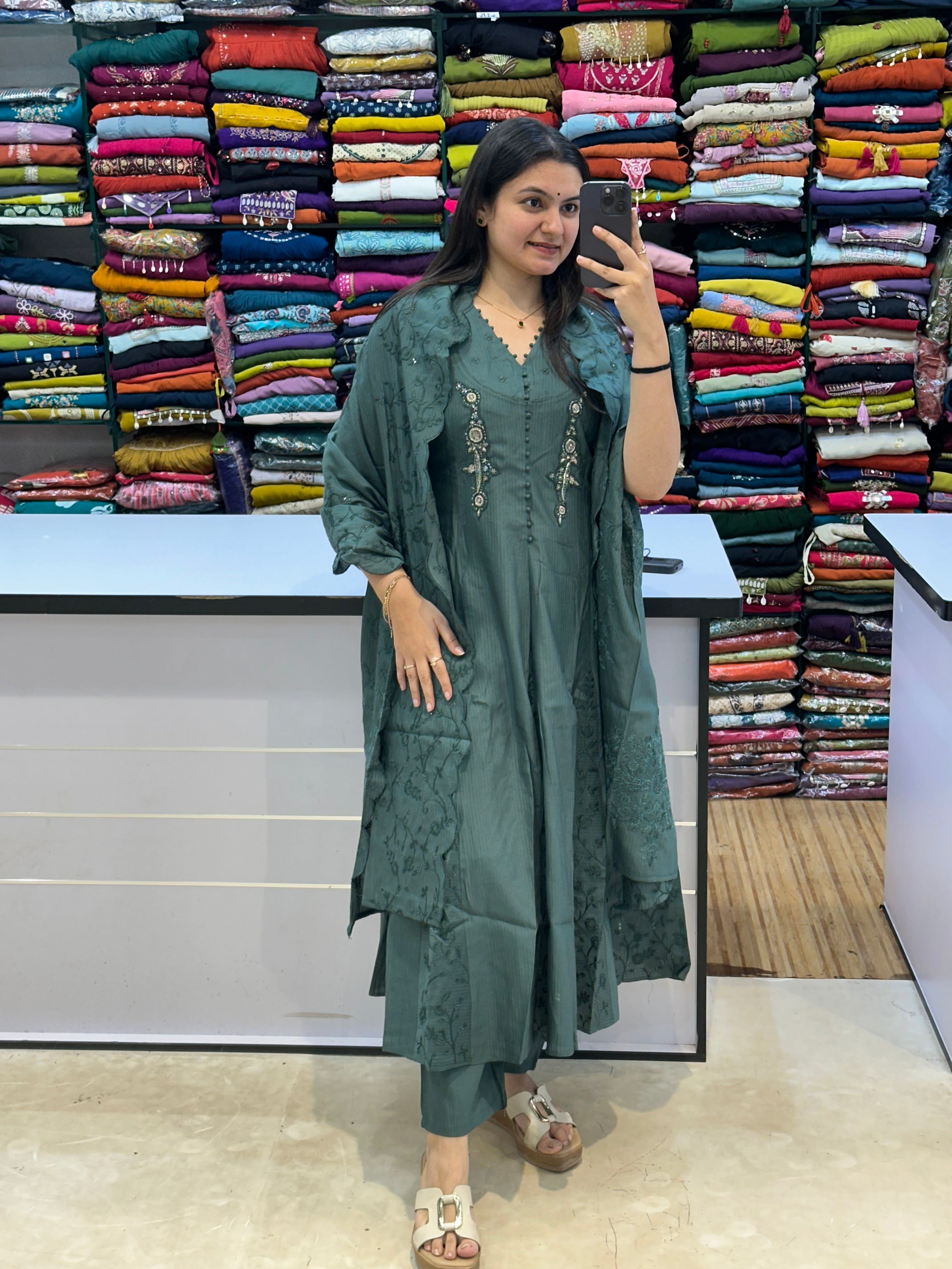 Elegant Sea Green Embroidered Cotton Kurti Set