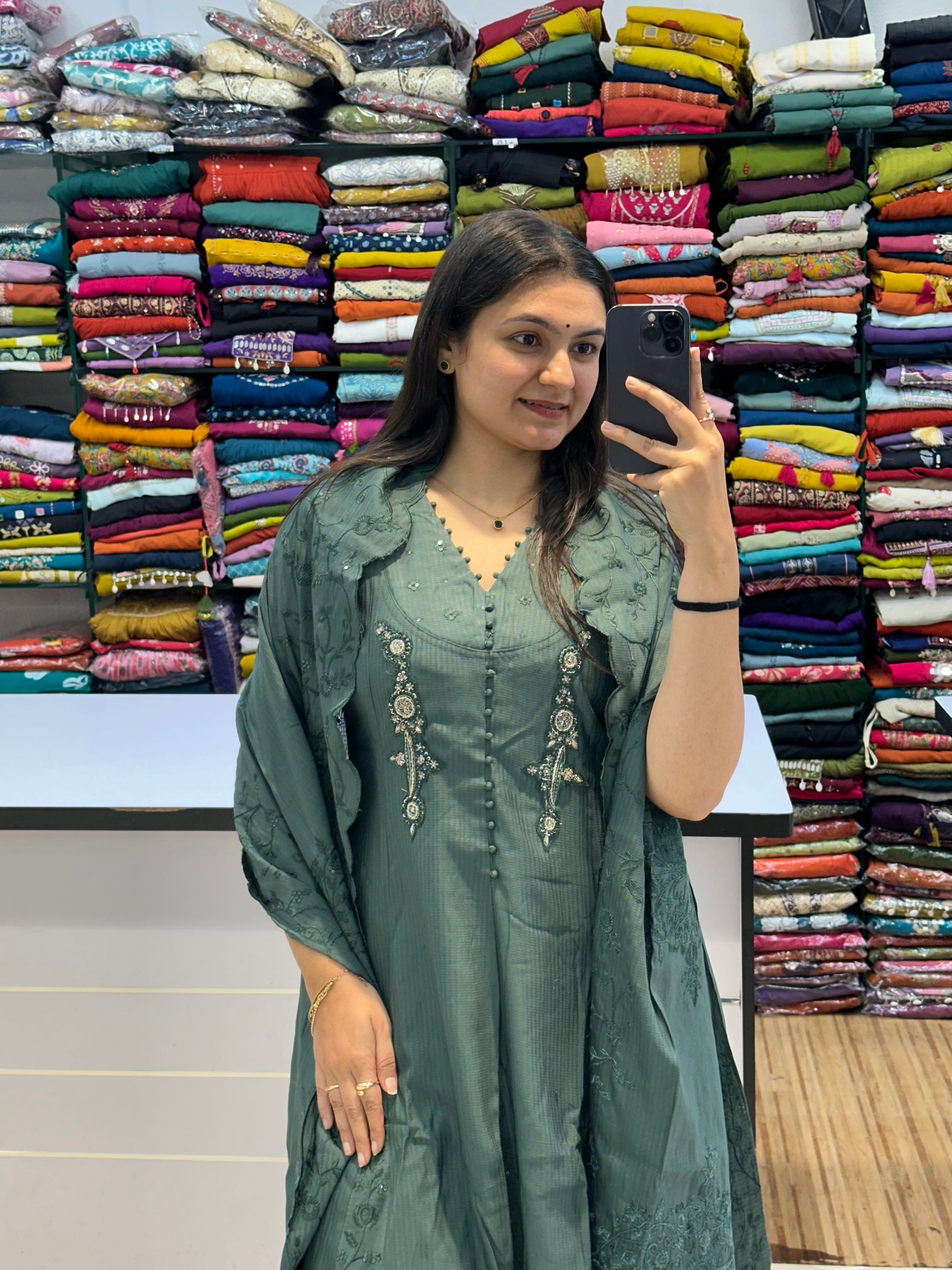 Elegant Sea Green Embroidered Cotton Kurti Set