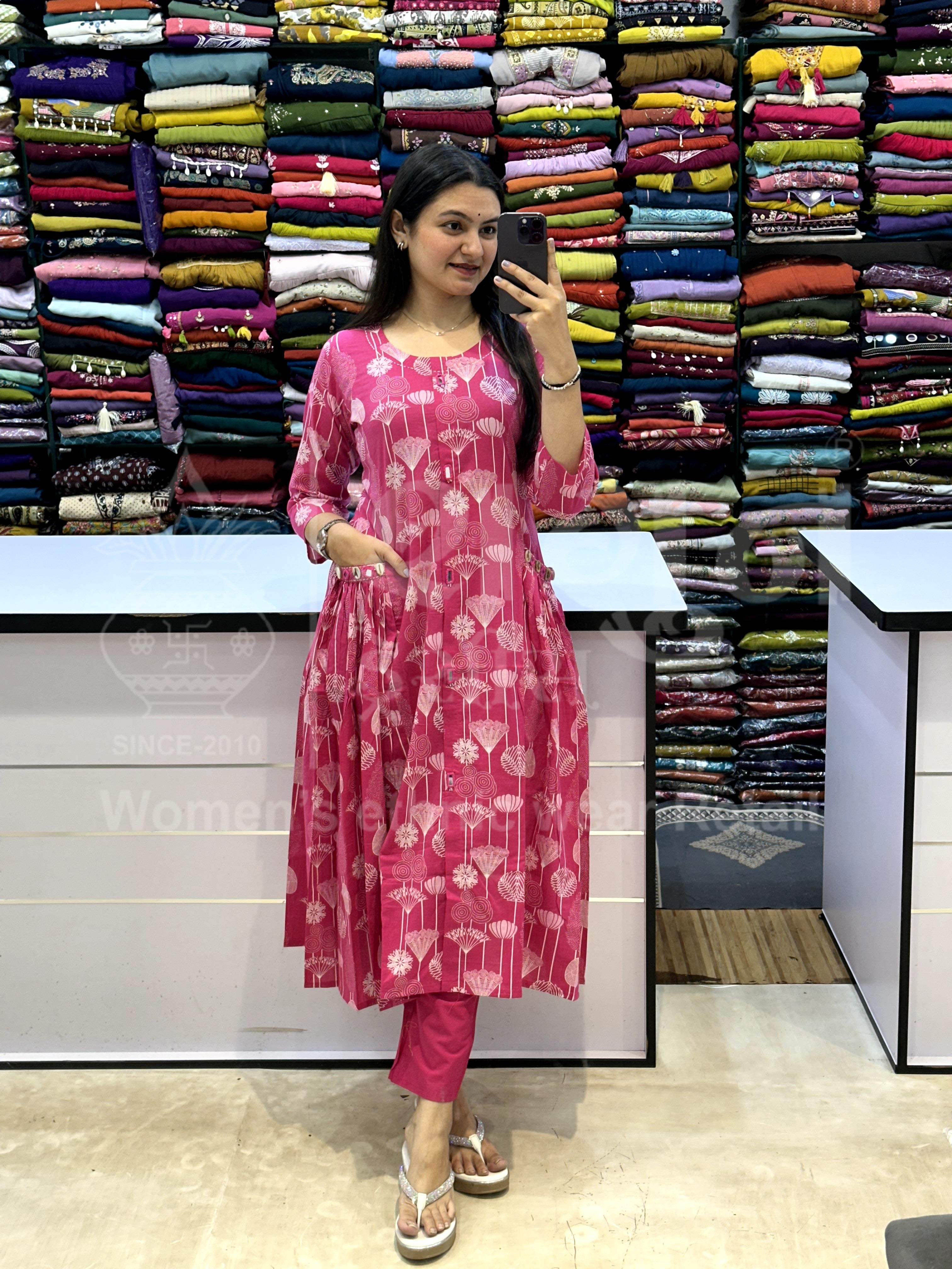 Fuchsia Bloom Printed Pocket Anarkali Kurti