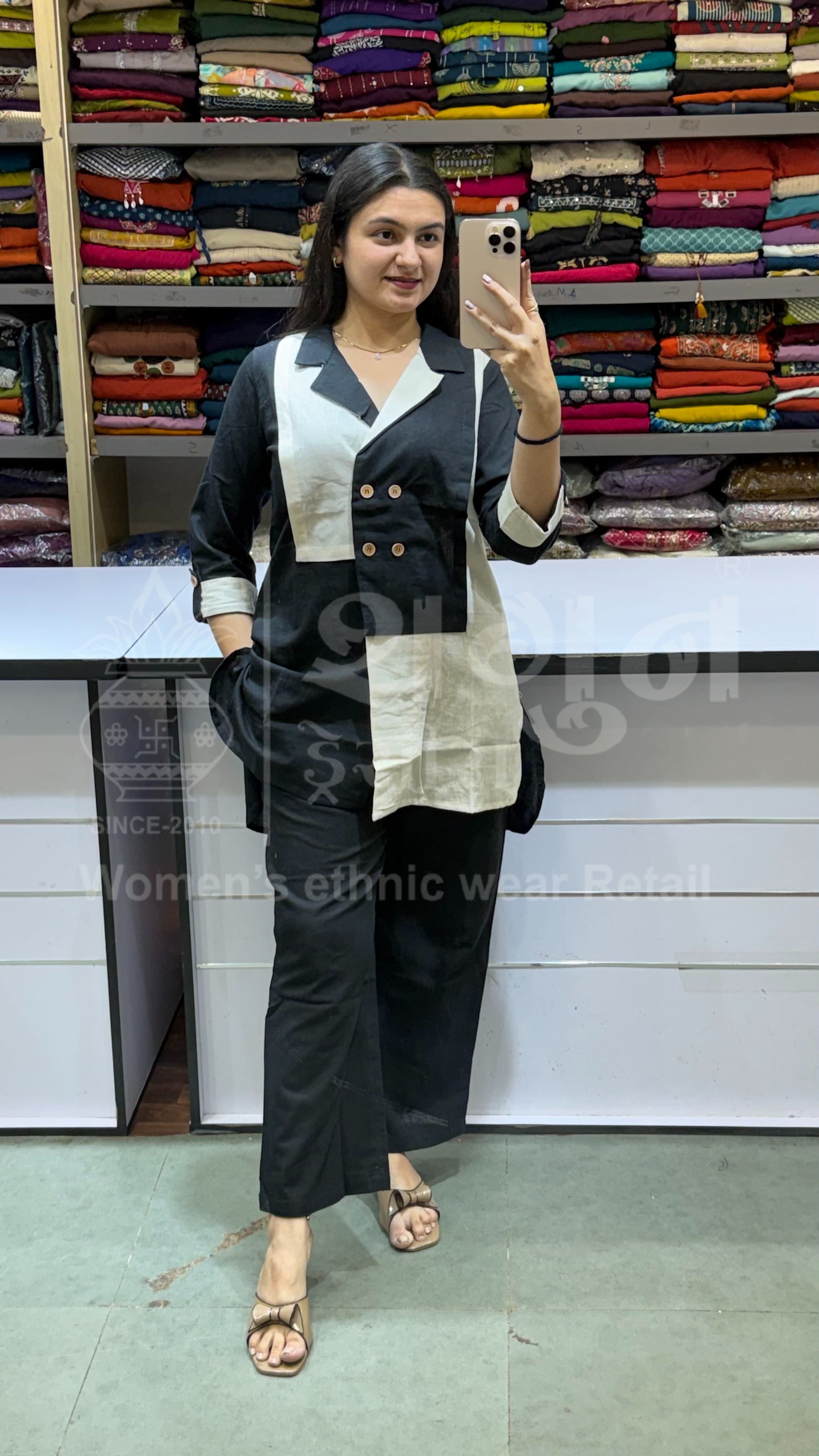 Black & Cream Color Block Cotton Kurti Co-ord Set