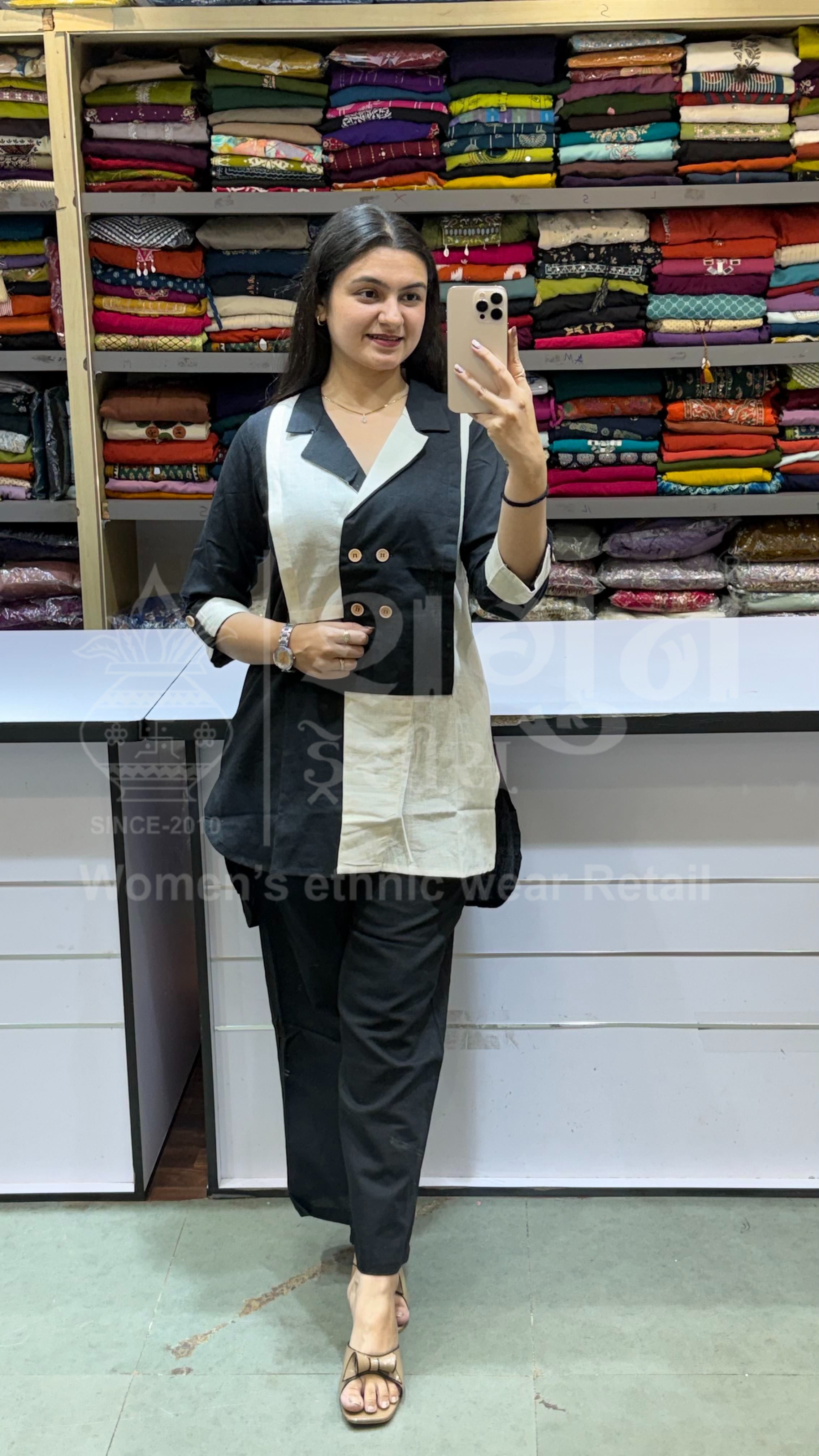 Black & Cream Color Block Cotton Kurti Co-ord Set
