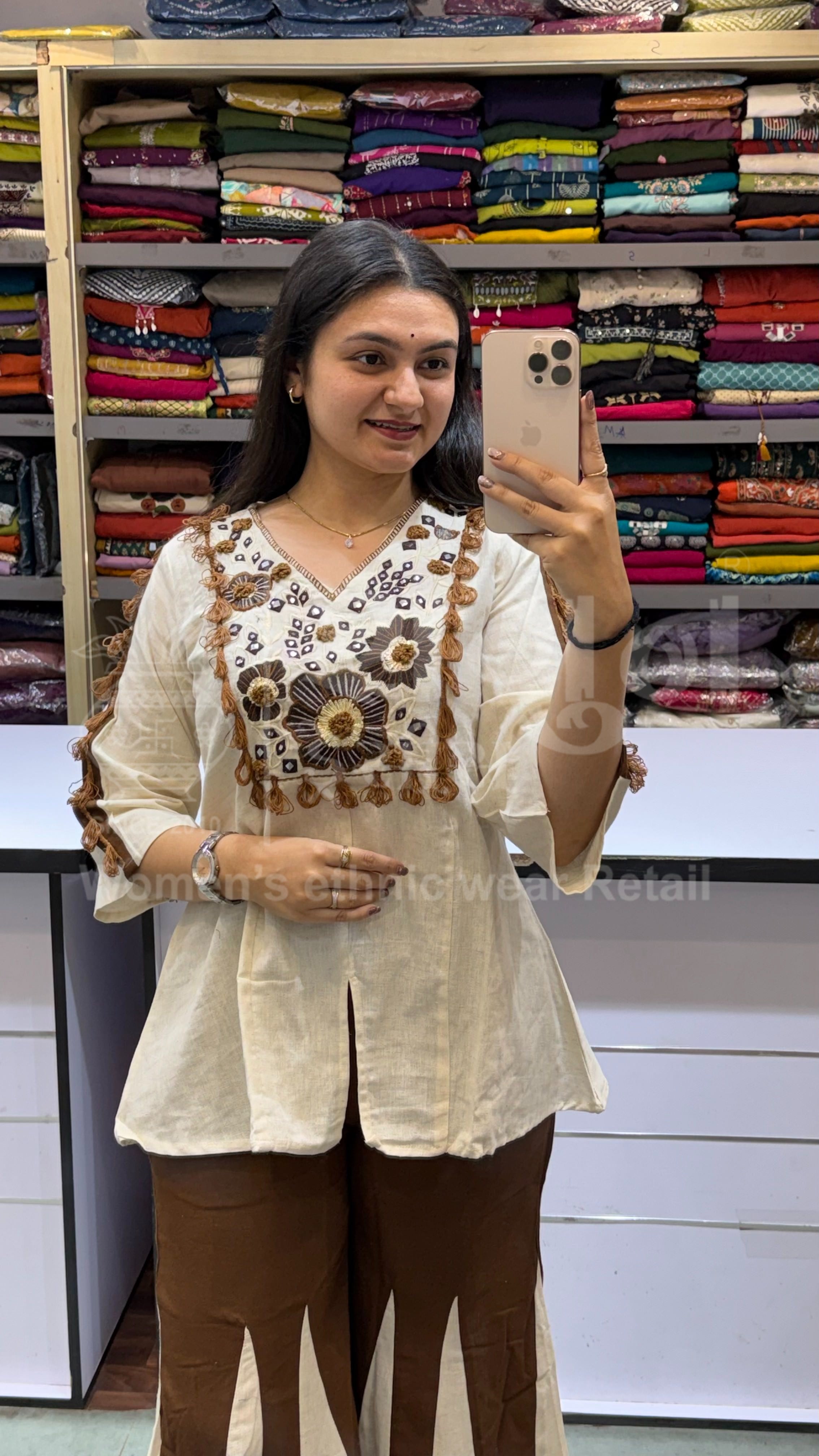 Cream Embroidered Cotton Kurti with Brown Palazzo Set