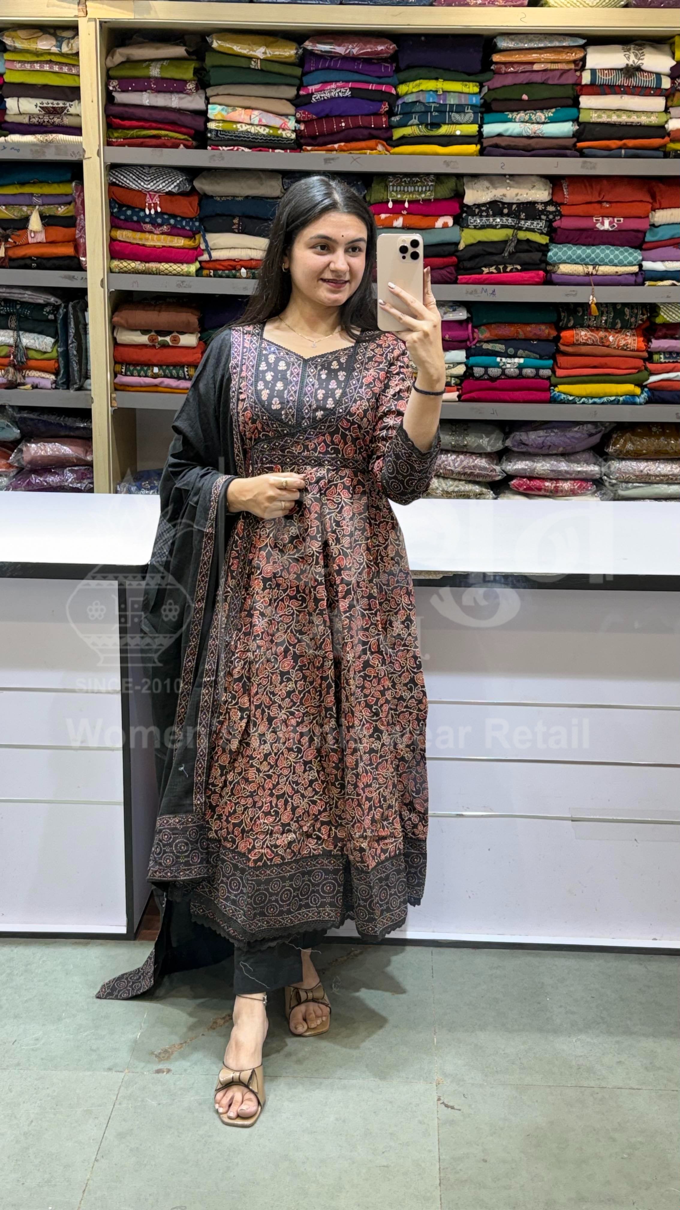 Black & Rust Floral Kalamkari Print Anarkali Set with Hand-Block Inspired Borders