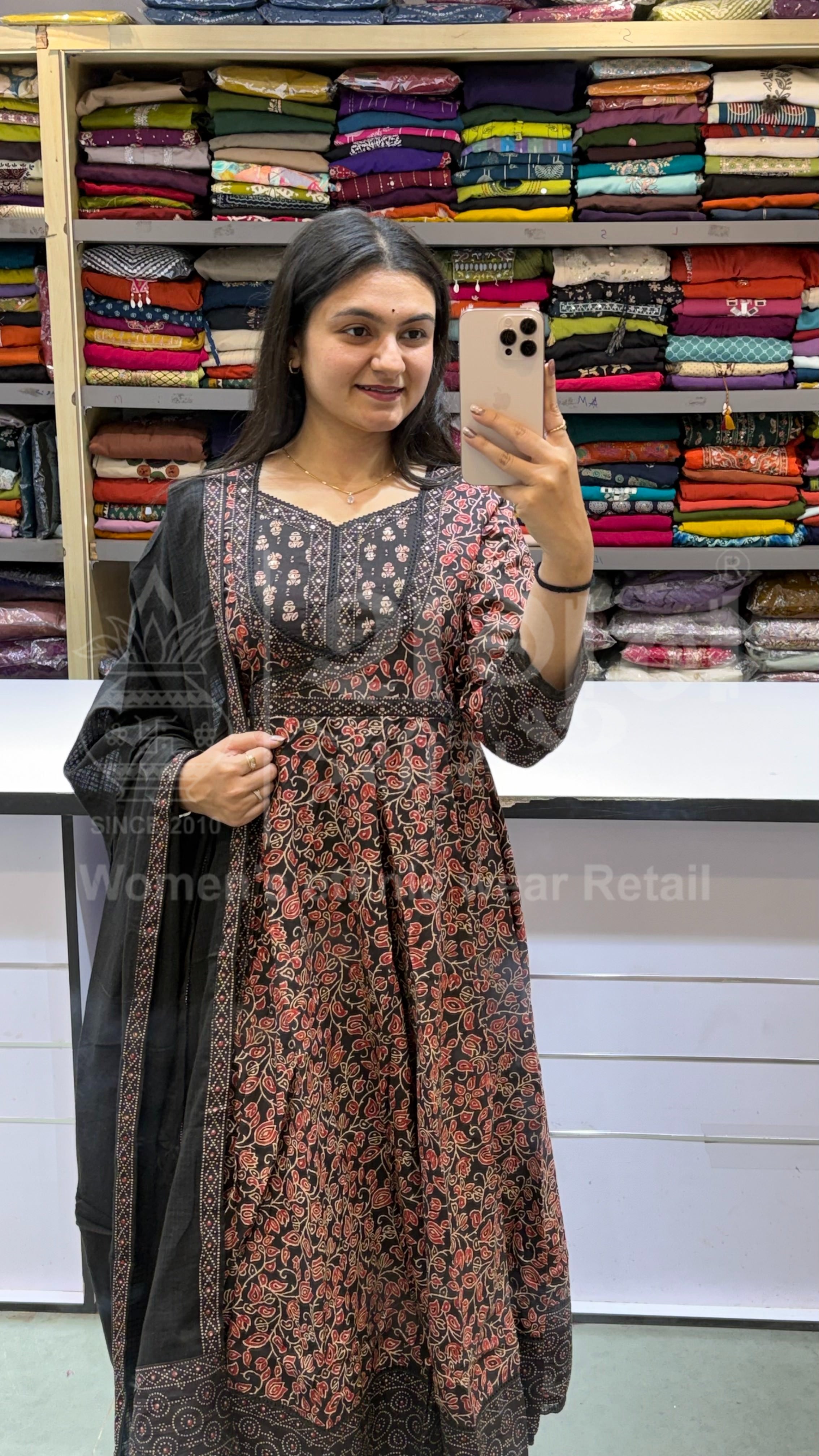 Black & Rust Floral Kalamkari Print Anarkali Set with Hand-Block Inspired Borders