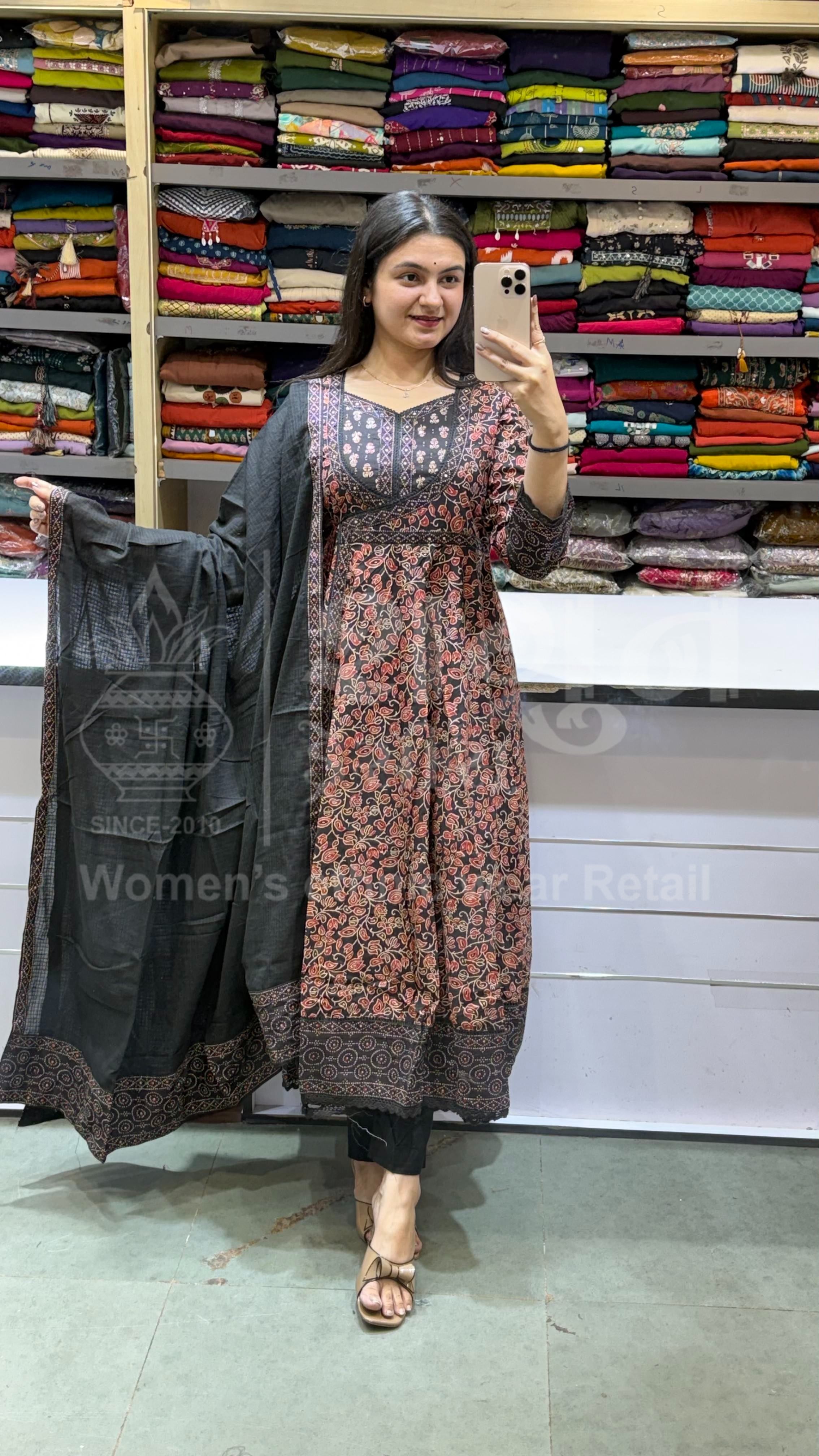 Black & Rust Floral Kalamkari Print Anarkali Set with Hand-Block Inspired Borders