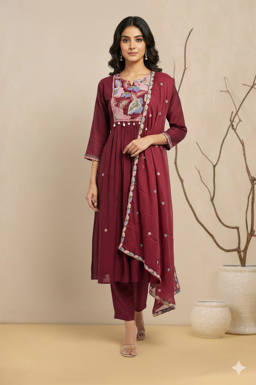 Graceful Mal Chanderi Embroidered Kurti Set with Dupatta