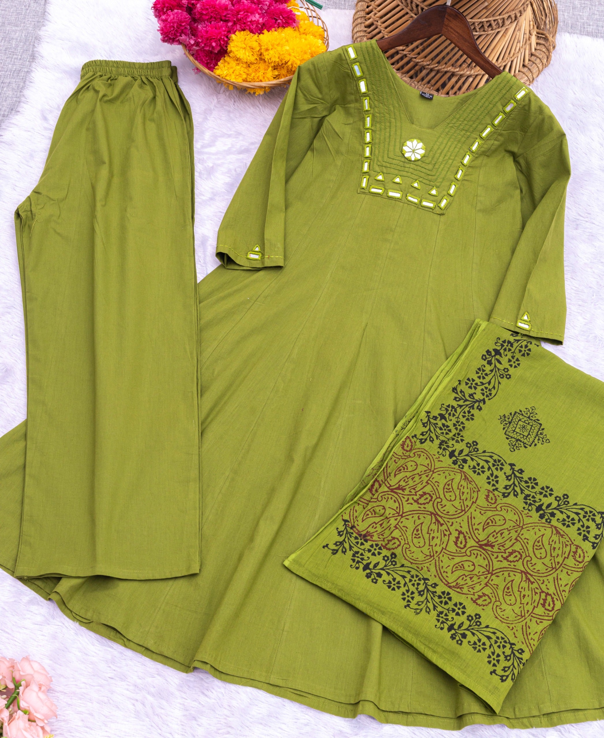 Cotton Round Kurti with Block Print Dupatta & Hand Work Detailing