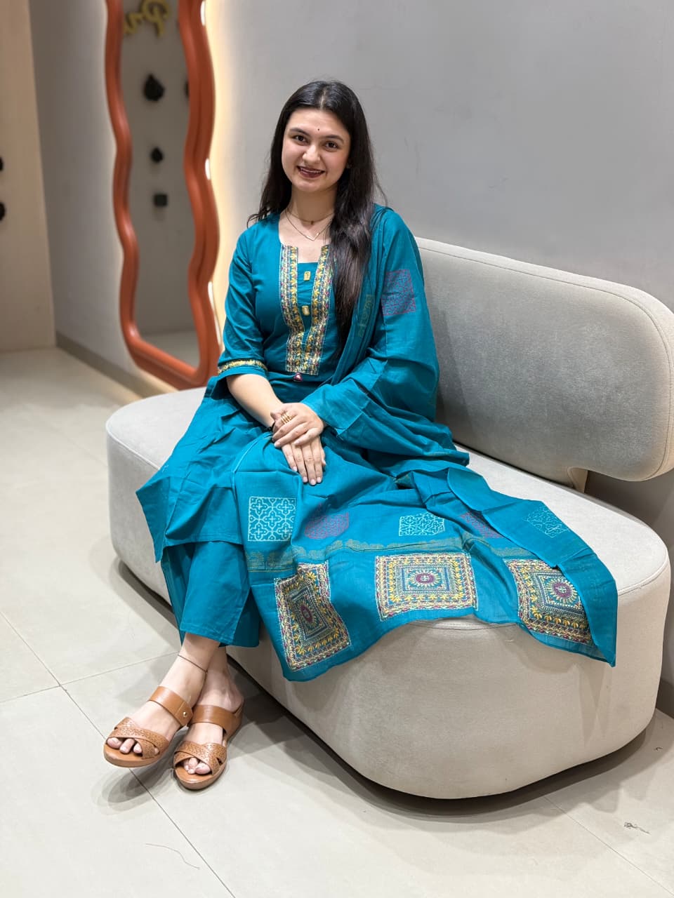 Teal Blue Embroidery Cotton Kurti Set with Block Print Dupatta Shagun Dresses