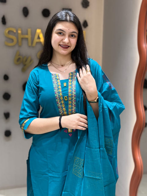 Teal Blue Embroidery Cotton Kurti Set with Block Print Dupatta Shagun Dresses