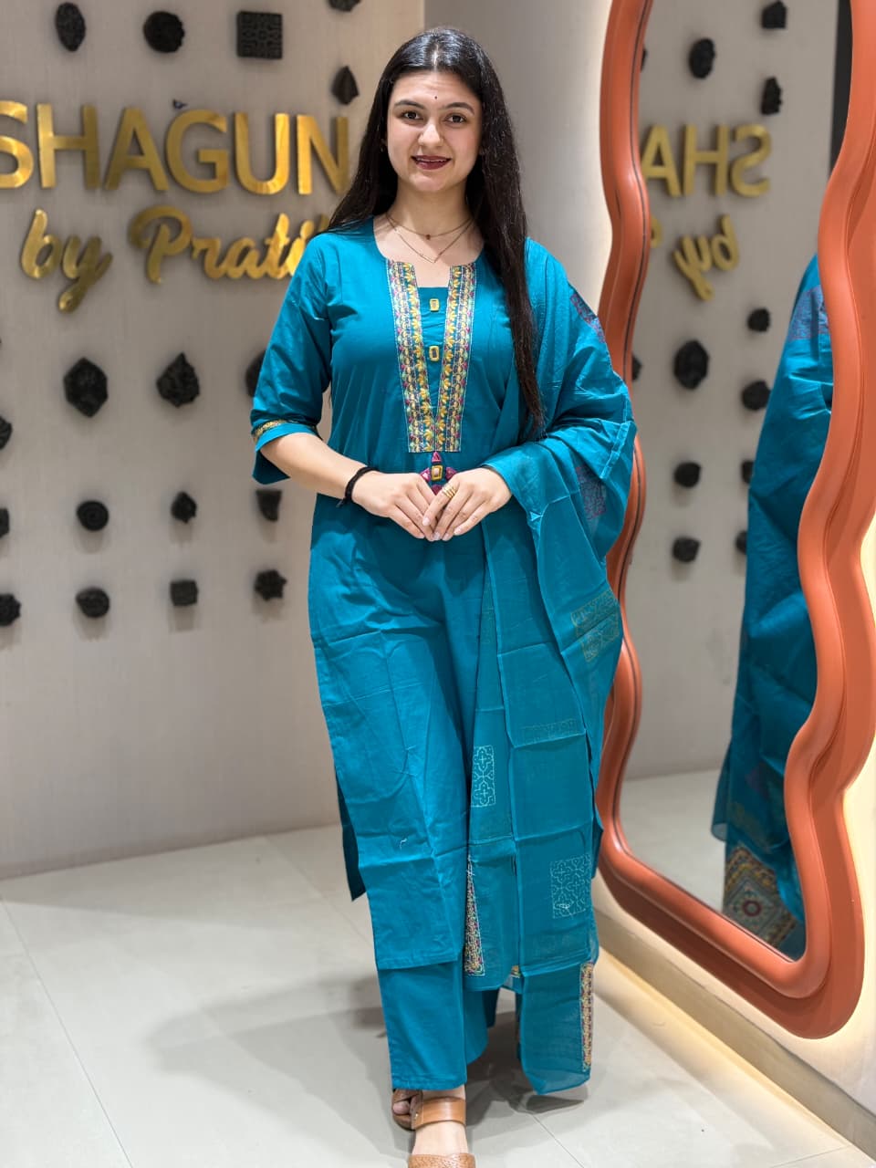 Teal Blue Embroidery Cotton Kurti Set with Block Print Dupatta Shagun Dresses
