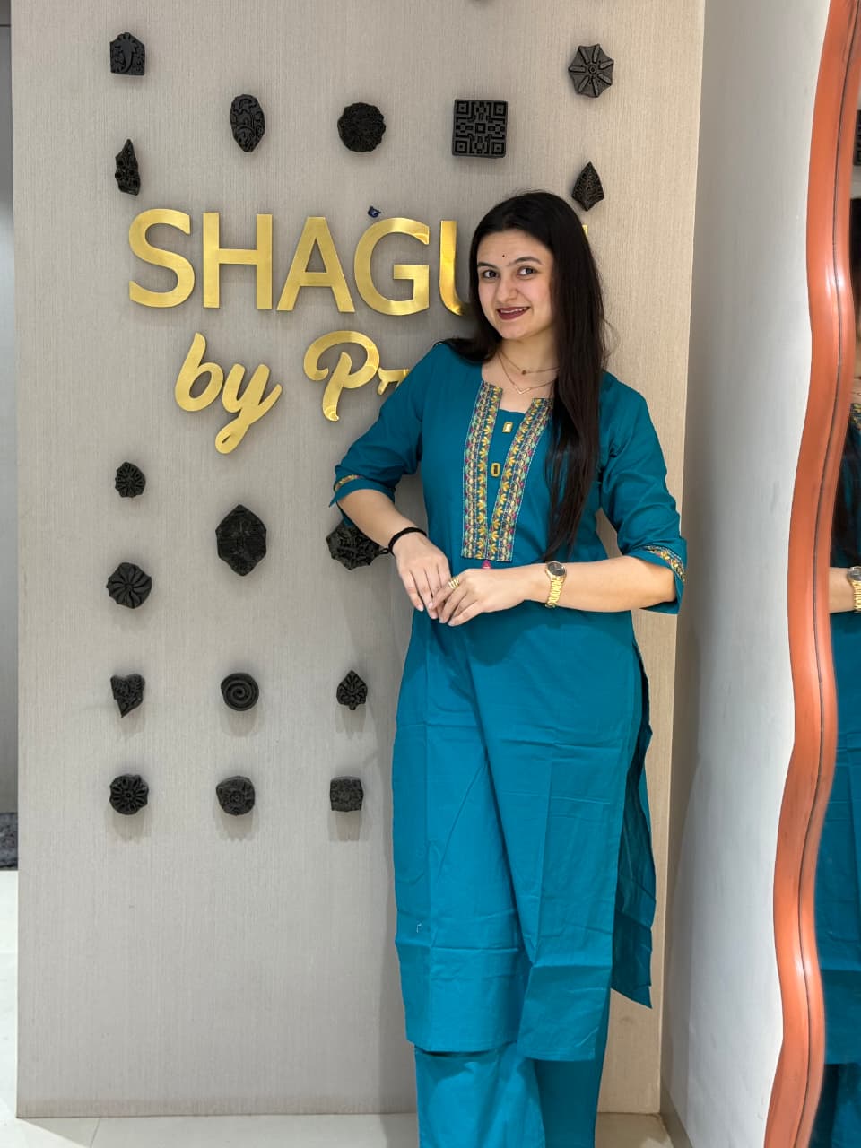 Teal Blue Embroidery Cotton Kurti Set with Block Print Dupatta Shagun Dresses