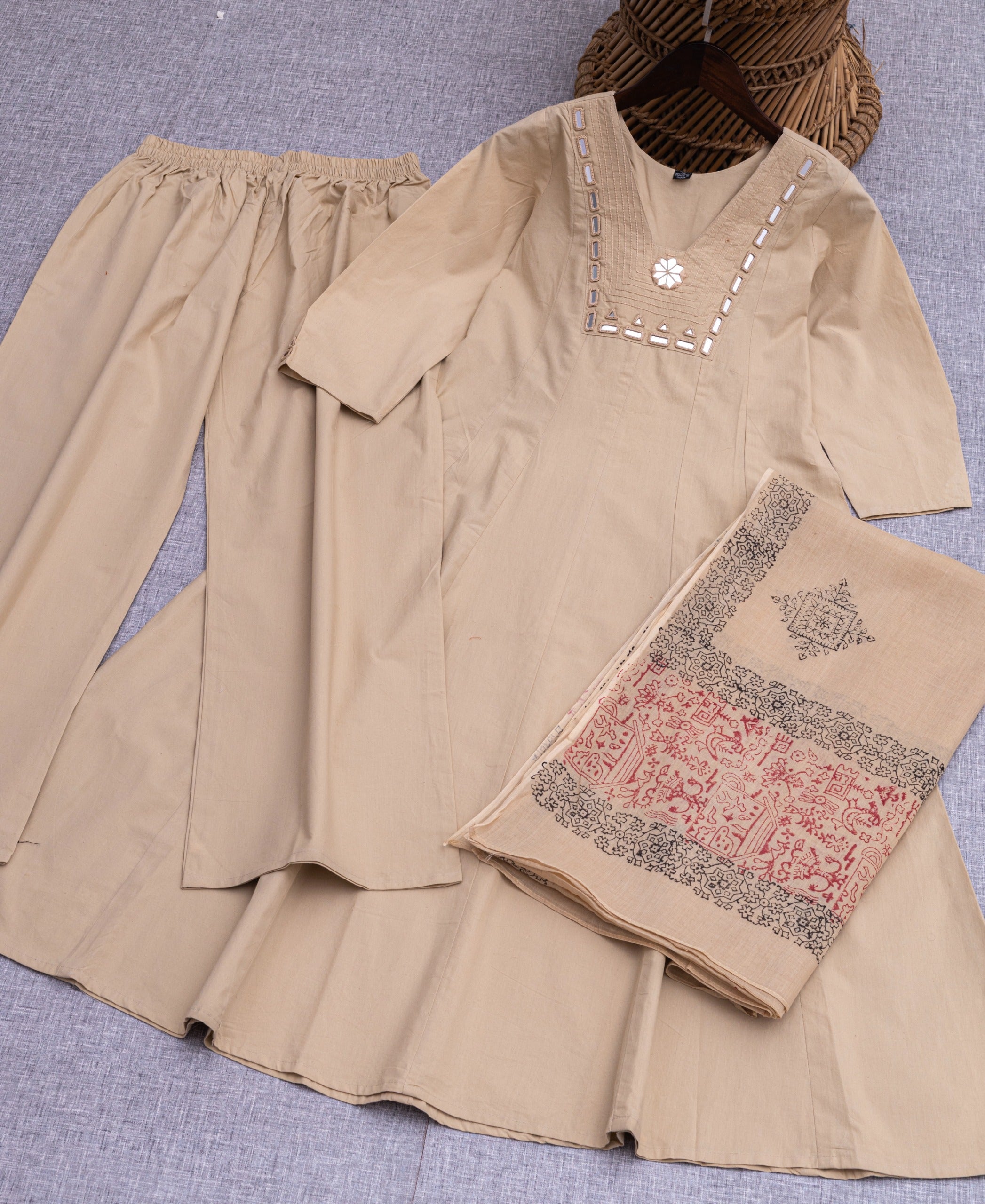 Cotton Round Kurti with Block Print Dupatta & Hand Work Detailing