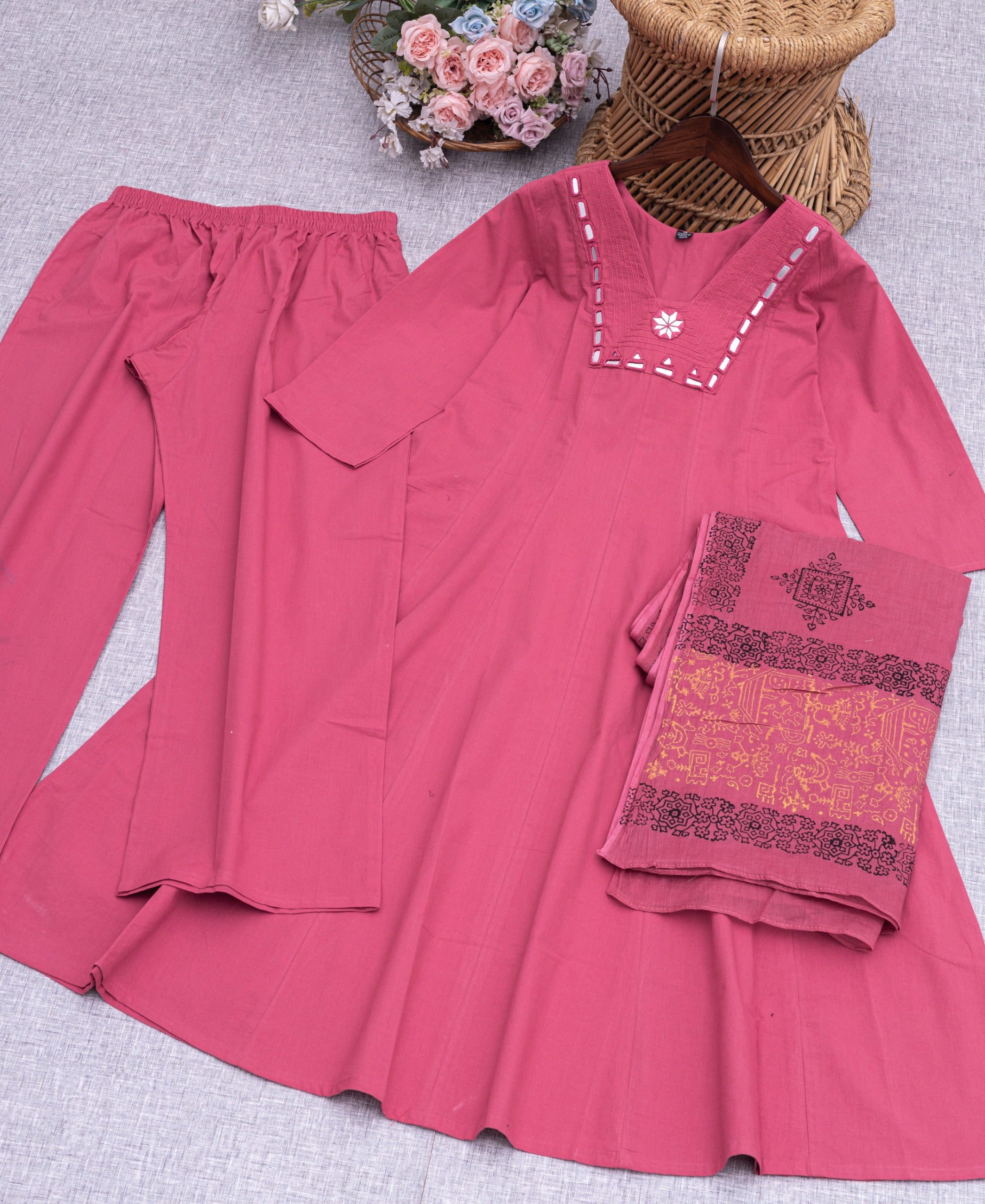 Cotton Round Kurti with Block Print Dupatta & Hand Work Detailing