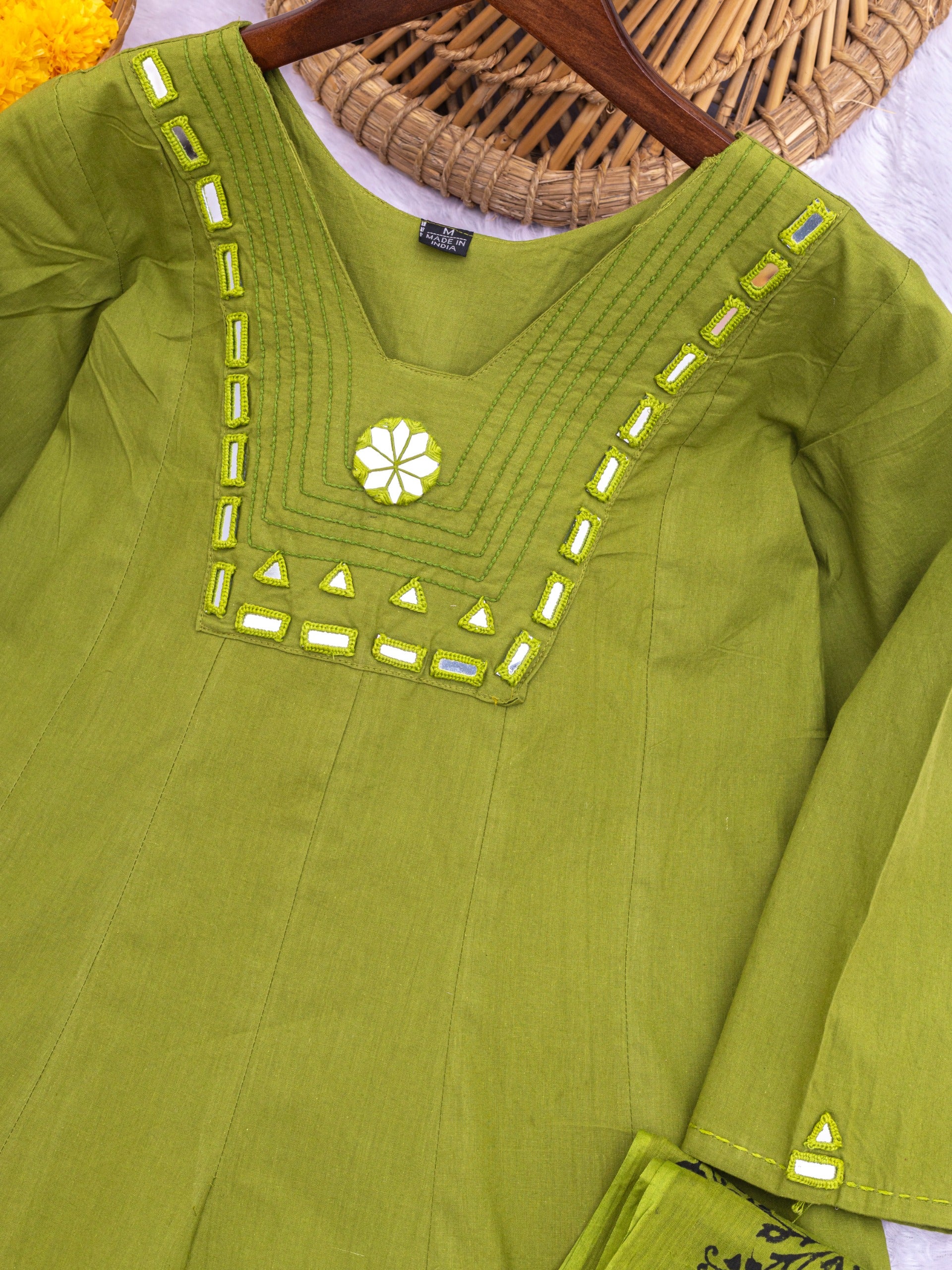 Cotton Round Kurti with Block Print Dupatta & Hand Work Detailing