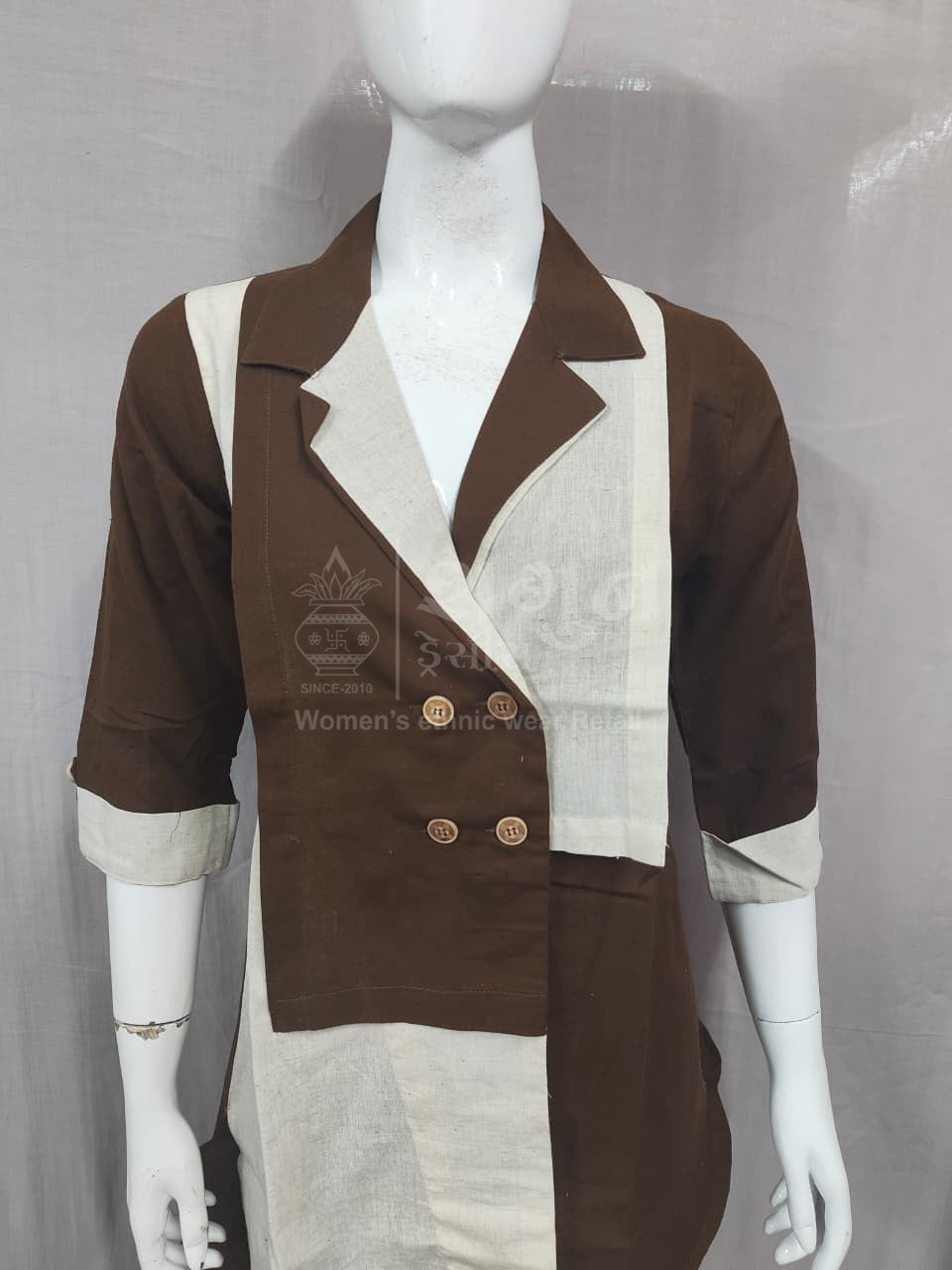 Black & Cream Color Block Cotton Kurti Co-ord Set