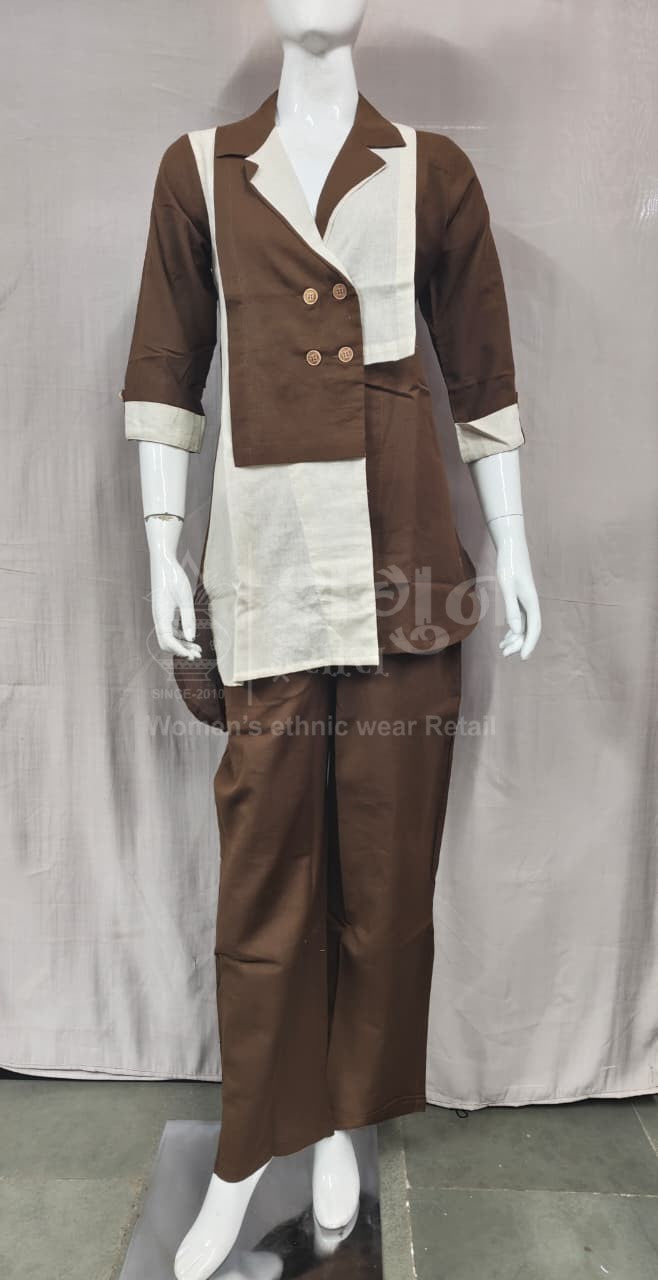 Black & Cream Color Block Cotton Kurti Co-ord Set